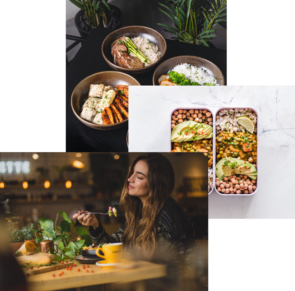 Woman enjoying food, meals in storage
              container, and food bowls on a table